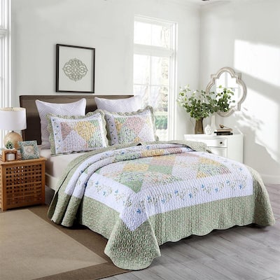 3 Piece Printed Quilt Bedspread Set Bedding Coverlet King Green