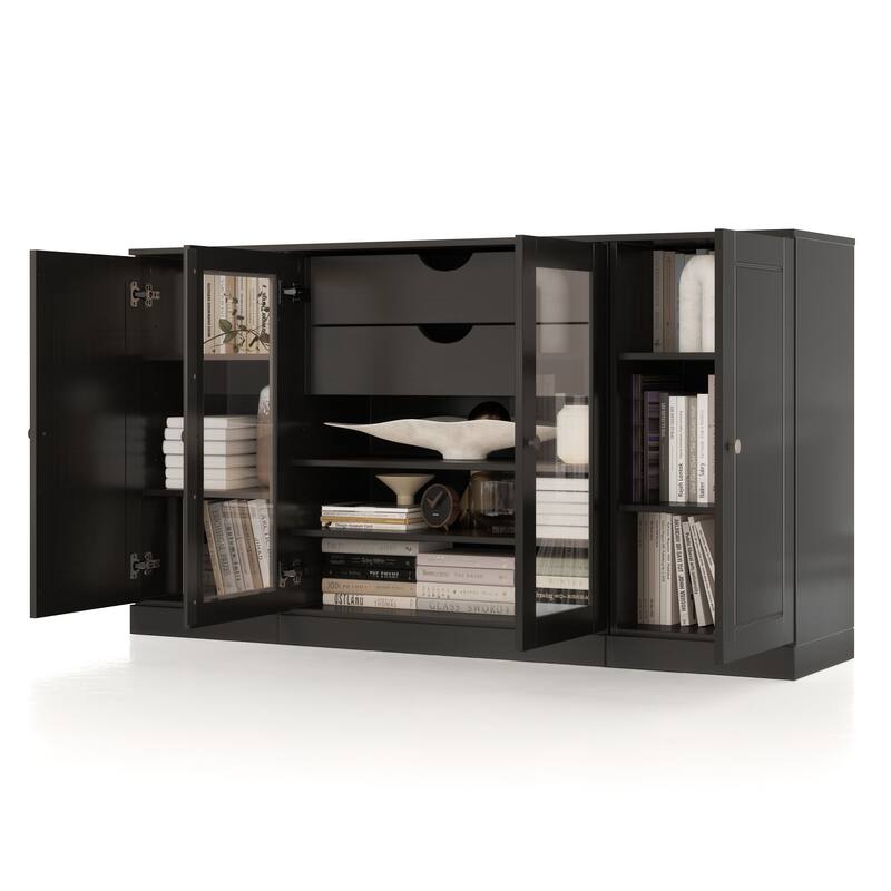 Palace Imports 100% Solid Wood 65" Sideboard with Solid, Clear Glass Doors, 2-Drawers and Adjustable Shelves
