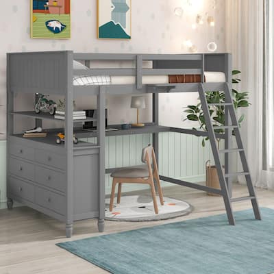 Full Size Loft Bed with Desk, Shelves and 6 Built-in Drawers, Wooden Full Loft Bed Frame Space-Saving Storage Bed Frame, Grey