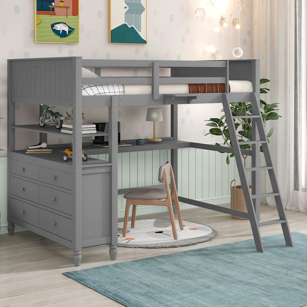 Full Wooden Loft Bed with Drawers and Reversible Ladder