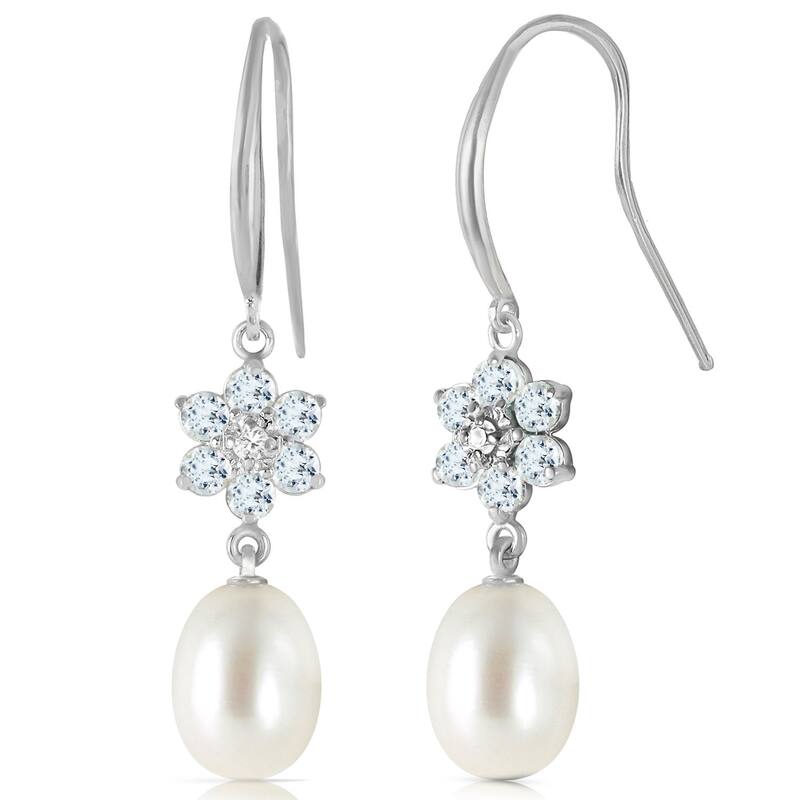 14K Solid Gold Fish Hook Earrings w/ Diamonds, Aquamarines & Pearl - White