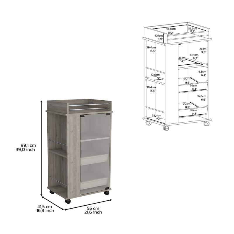 Bar Cart with Glass Door, 2-Side Shelves and Casters