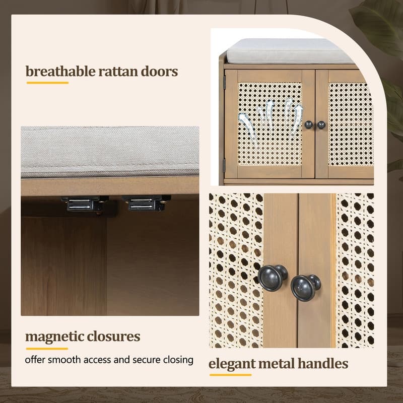 Rustic 47.4" Storage Bench Multifunctional Wooden Entryway Organizer with Removable Cushion and Rattan Doors