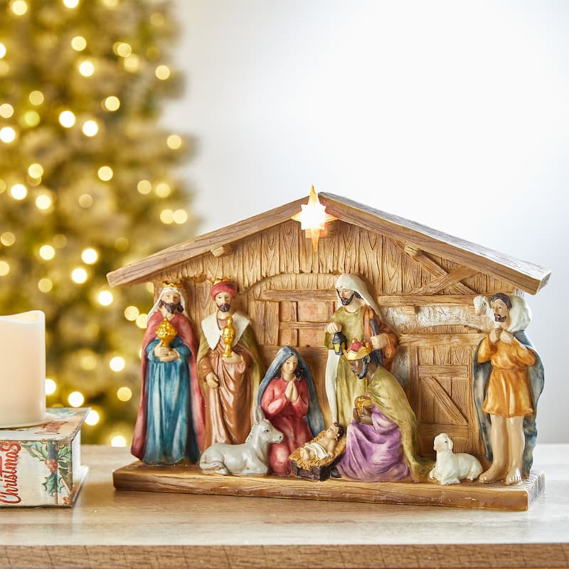 Glitzhome 12.5"L LED Lighted Resin Nativity Scenes