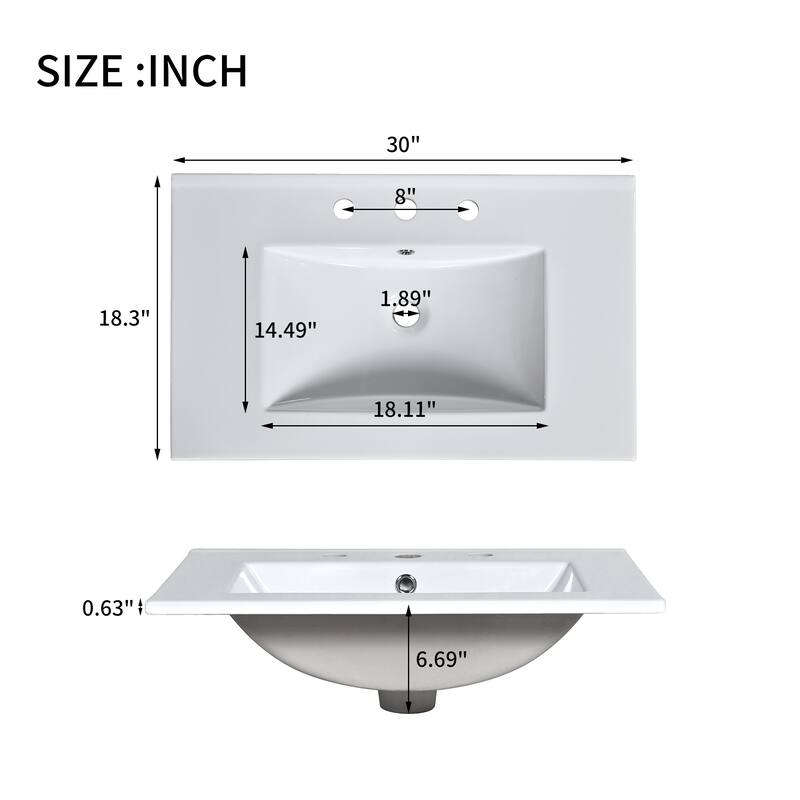 30" Bathroom Vanity Cabinet with Ceramic Sink, Solid Wood Frame & Adjustable Shelf, Modern Storage Solution