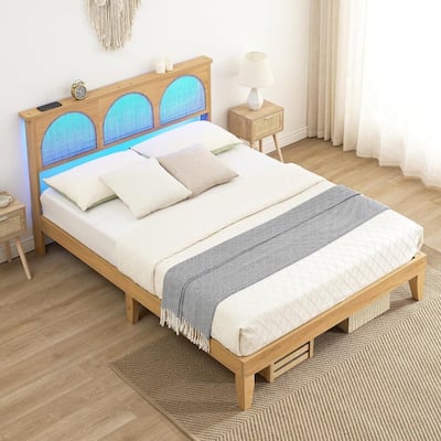 Modern Wooden Platform Bed Frame With Arched Natural Rattan Headboard And LED Lights