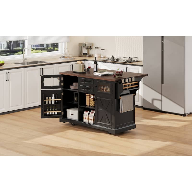 Kitchen Island with Drop Leaf, Power Outlet and 4 Door Shelves