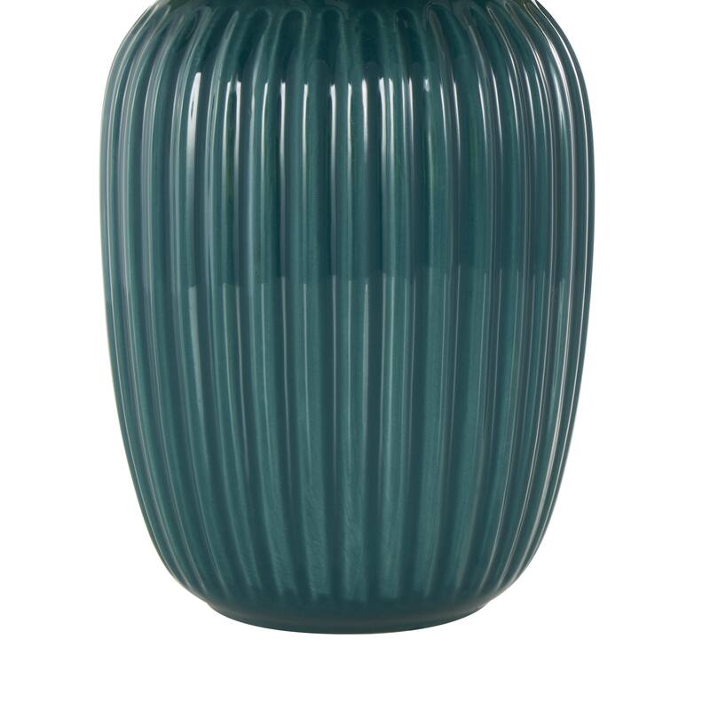 White Fabric Artificial Flower with Green Leaves and Round Ceramic Vase