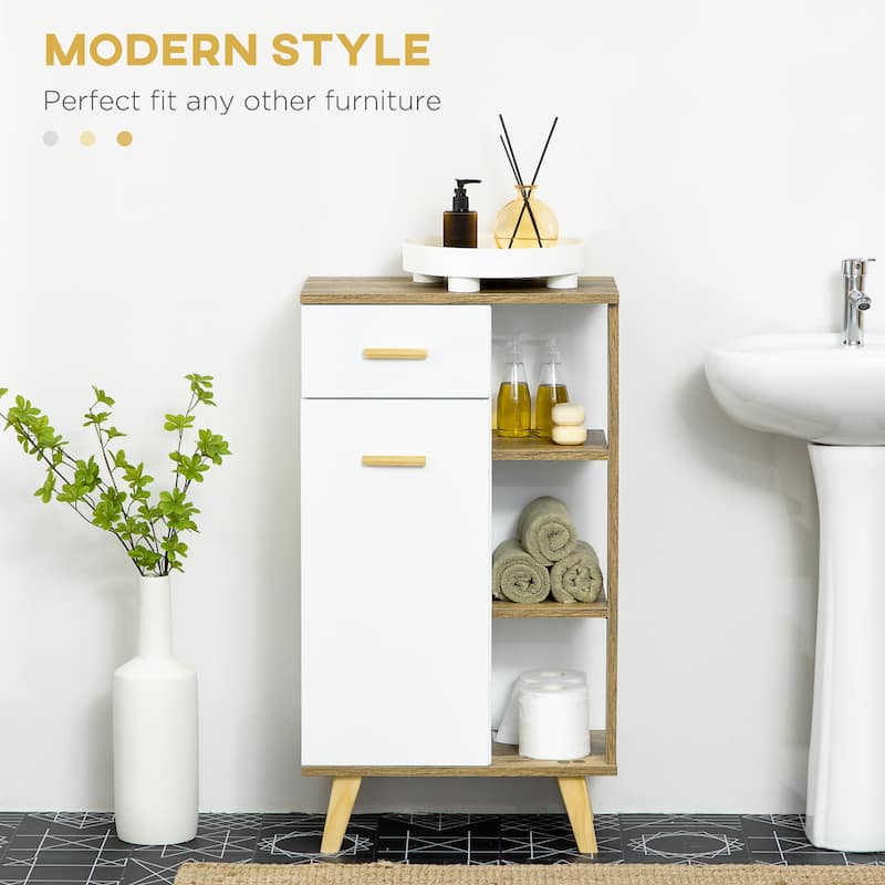 kleankin Bathroom Floor Cabinet, Side Storage Organizer Cabinet with Drawer and Shelves for Bathroom, White and Natural