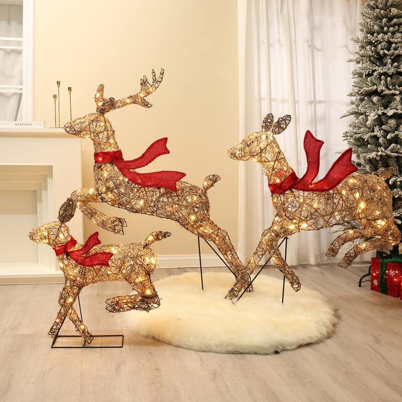 3-Piece Natural and Plastic Rattan Running Reindeer Holiday Decoration Set with Lights - Brown/Red