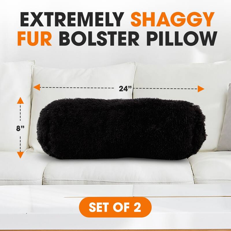 Cheer Collection 8" x 24" Set of 2 Shaggy Long Hair Bolster Pillows