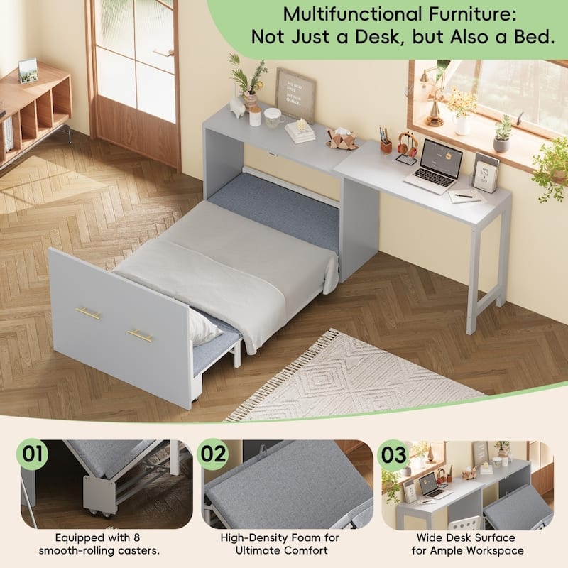 79.92" Elegant Twin Size Murphy Chest Dresser Bed with Adjustable Desk and Foldable Cushion