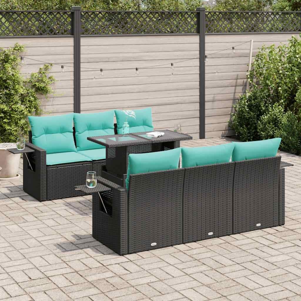 vidaXL 7 Piece Patio Sofa Set with Cushions Brown Poly Rattan Acacia - 21.7 x 24.4 x 27.2
