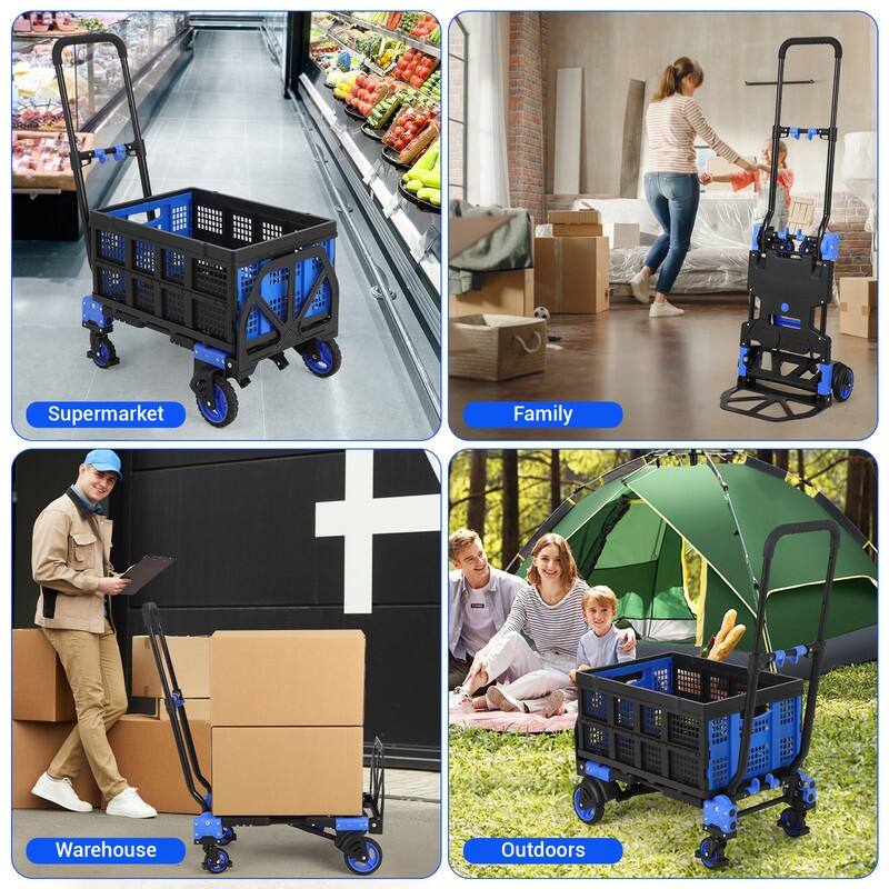 Folding Hand Truck Dolly with Basket, Dolly Cart with Wheels, Convertible Handcart with Retractable Handle