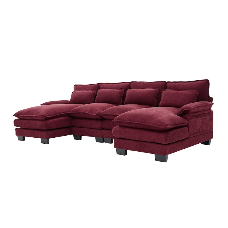 Symmetrical Chenille Upholstered Sectional Sofa U-shaped Cloud Couch with Double Chaise, Side Pockets and Double-layer Cushions