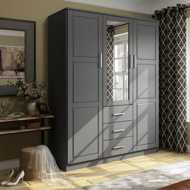 Cosmo Solid Wood Wardrobe with Mirror - Grey