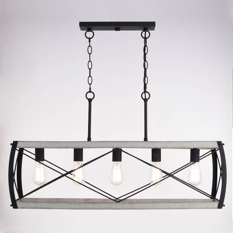 Montclare 5L Black and White Ash Wood Farmhouse Cage Linear Chandelier Island Pendant Light Fixture