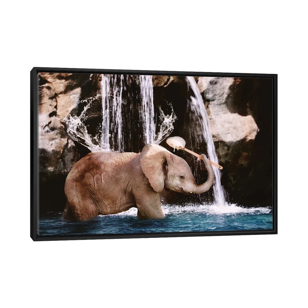 iCanvas "Baby Elephant Bath" by Karen Burke Framed