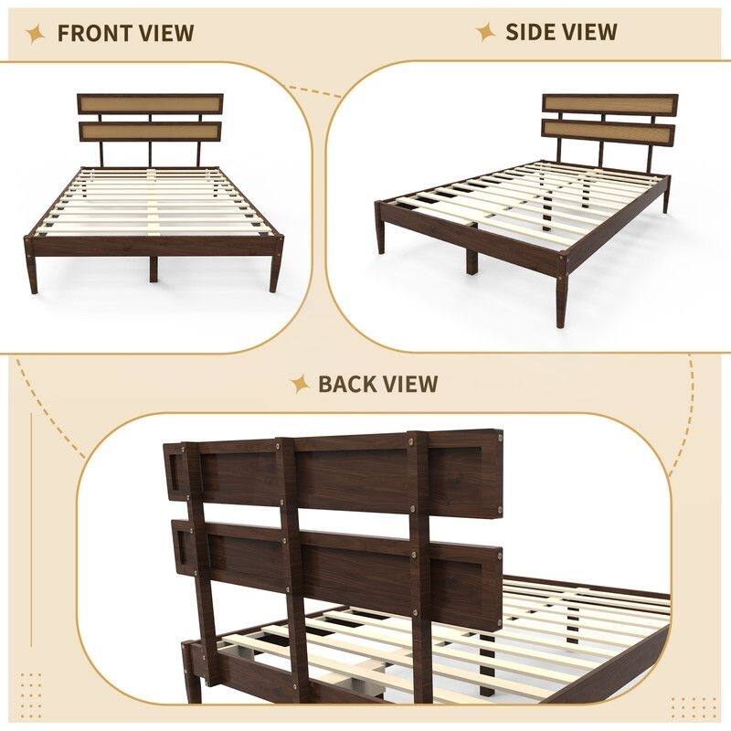 Solid Wood Full Bed Frame Platform Bedframe with Rattan Headboard