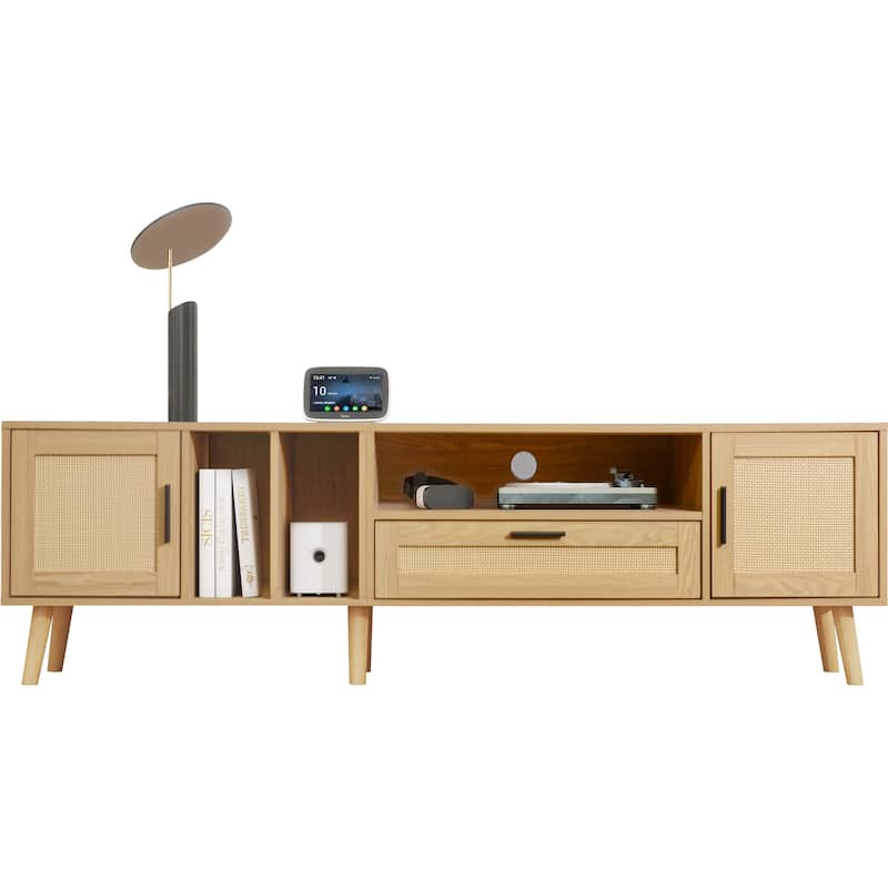 Rattan TV Stand Media Console Table for TVs up to 80", Entertainment Center with Solid Wood Legs, TV cabinet
