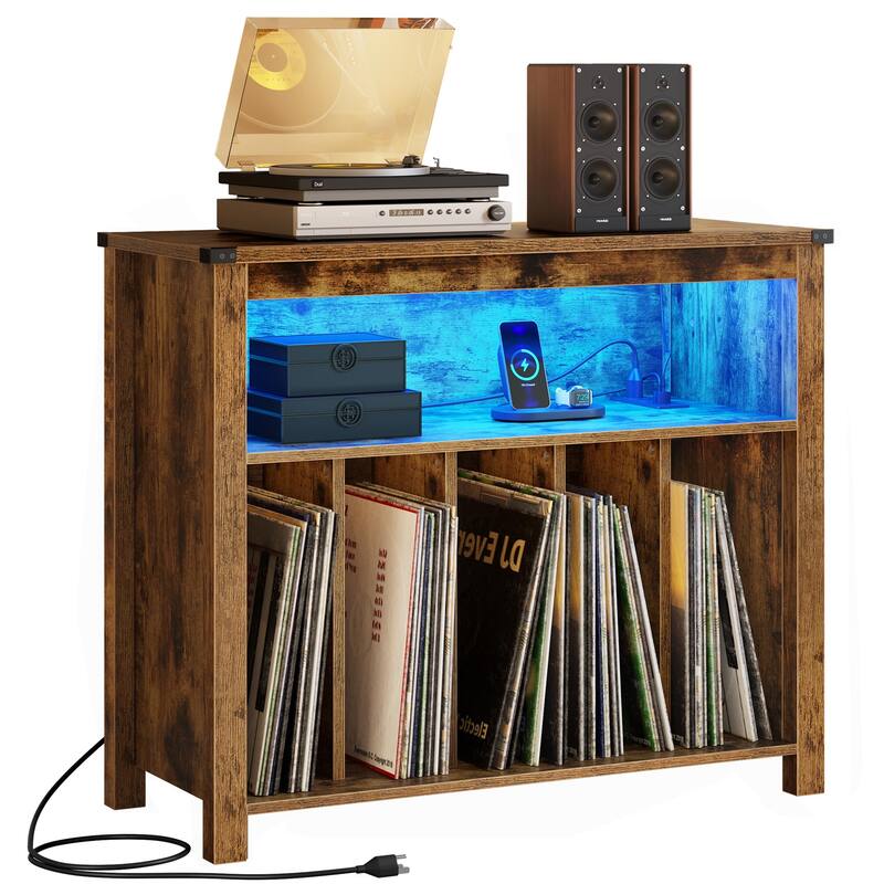 Large Record Player Stand with Power Outlets and LED Lights Turntable Stand - Brown