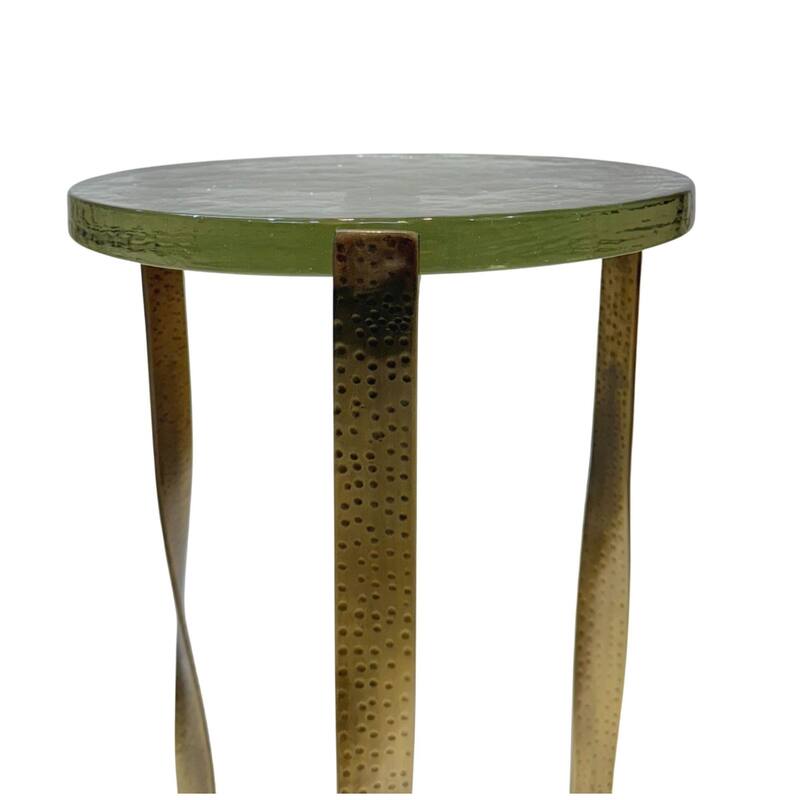 Castella Round Side Table - Recycled Glass Top and Powder Coated Iron Frame Antique Brass Finish Accent Table
