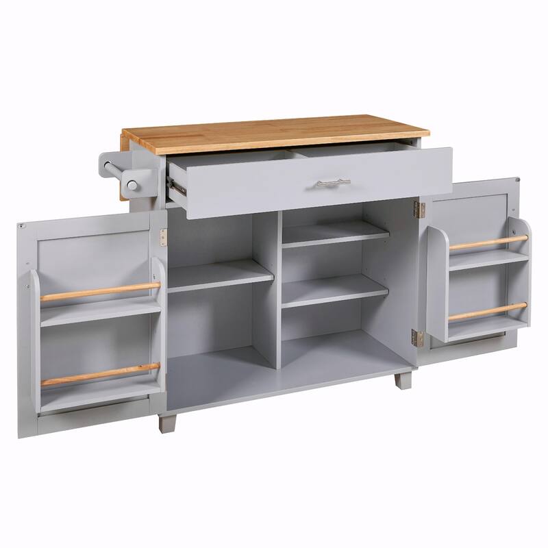 Kitchen Island with Rubber Wood Top, Spacious Drawer, Internal Storage Rack, Wheels