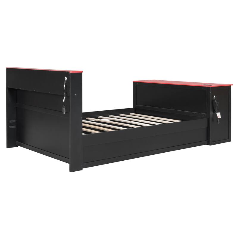 Wood Daybed with Trundle & Built-in Desk, LED Lights & USB Charging Port, Available in Full or Twin