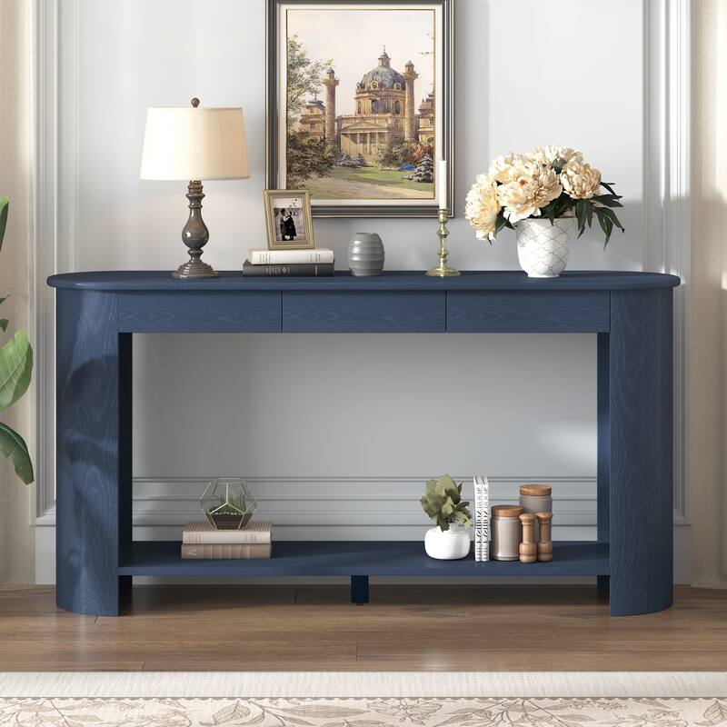 59.8"Modern Veneer Console Table with 3 Drawers,Farmhouse Entryway Table with Shelf,Wood Sofa Table with Semi-Circular Design