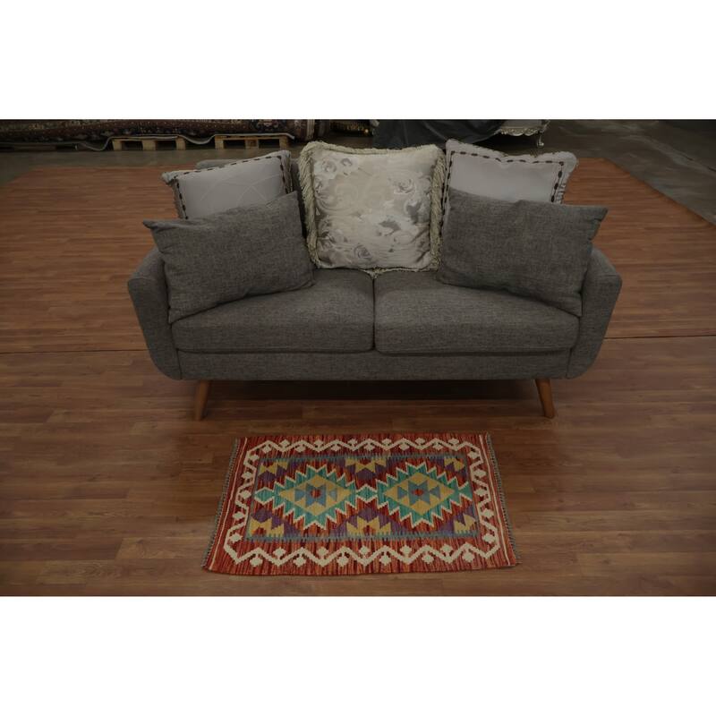 Hand Woven Oriental 100% Wool Carpet Southwestern Geometric Red Kilim Area Rug - 2' 11'' X 2' 1''