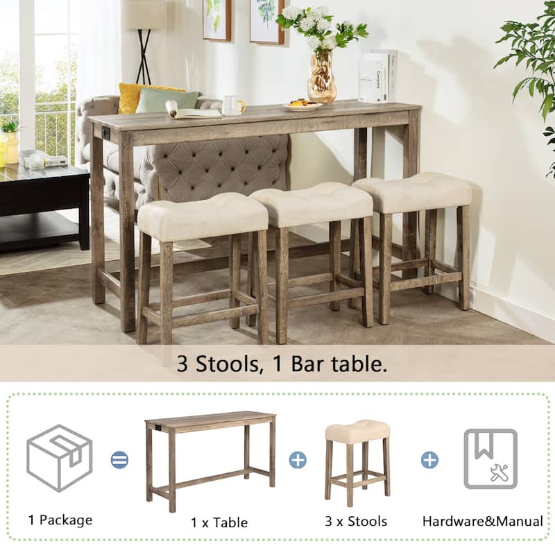 GDFStudio - Calverly 4-Piece Industrial Bar Table Set with USB Power Station and 3 Linen Upholstered Stools