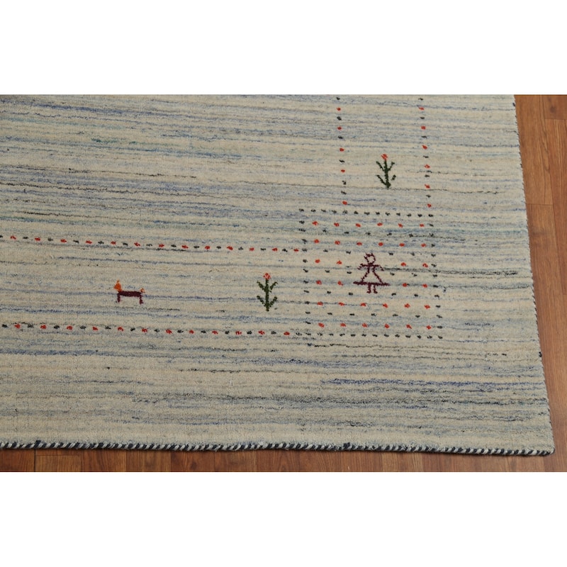 Striped Tribal Gabbeh Oriental Area Rug Hand-Knotted Beige Wool Carpet - 9'3"x 11'7"