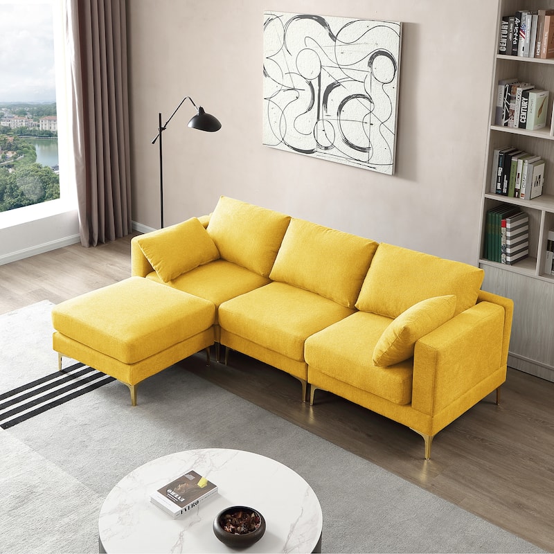 92'' Fabric L-Shape 3-Seater Sofa with Ottoman, Gold Metal Legs, and Toss Pillows