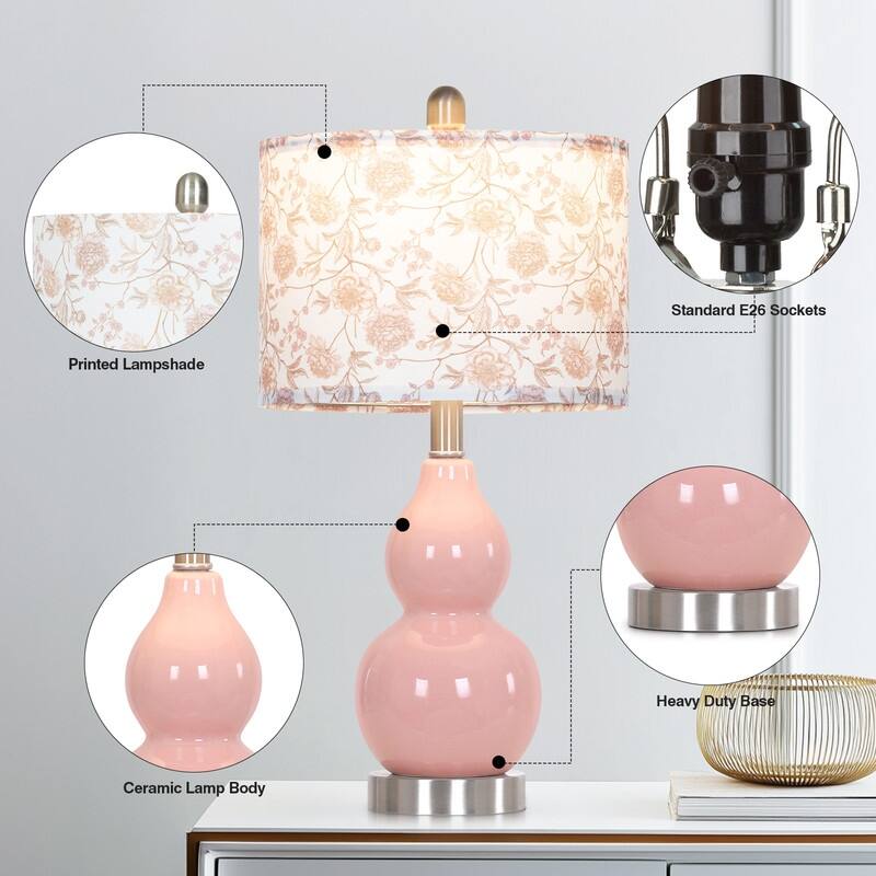 22'' Table Lamps, Pink Ceramic Fixture 2-Way Rotary Switch Floral Print Shade(Set of 2) - 11'' x 11'' x 22''