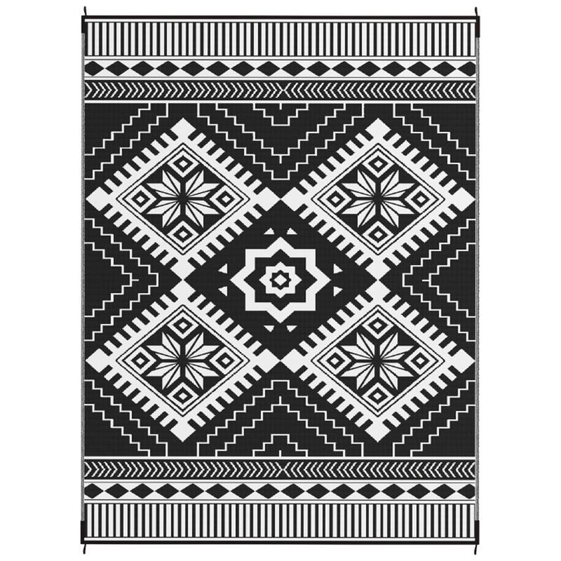 Reversible Outdoor Rug White & Black Toothed Rhombus Pattern, UV-Protected Foldable Polypropylene Mat - 143.7" L x 107.9" W