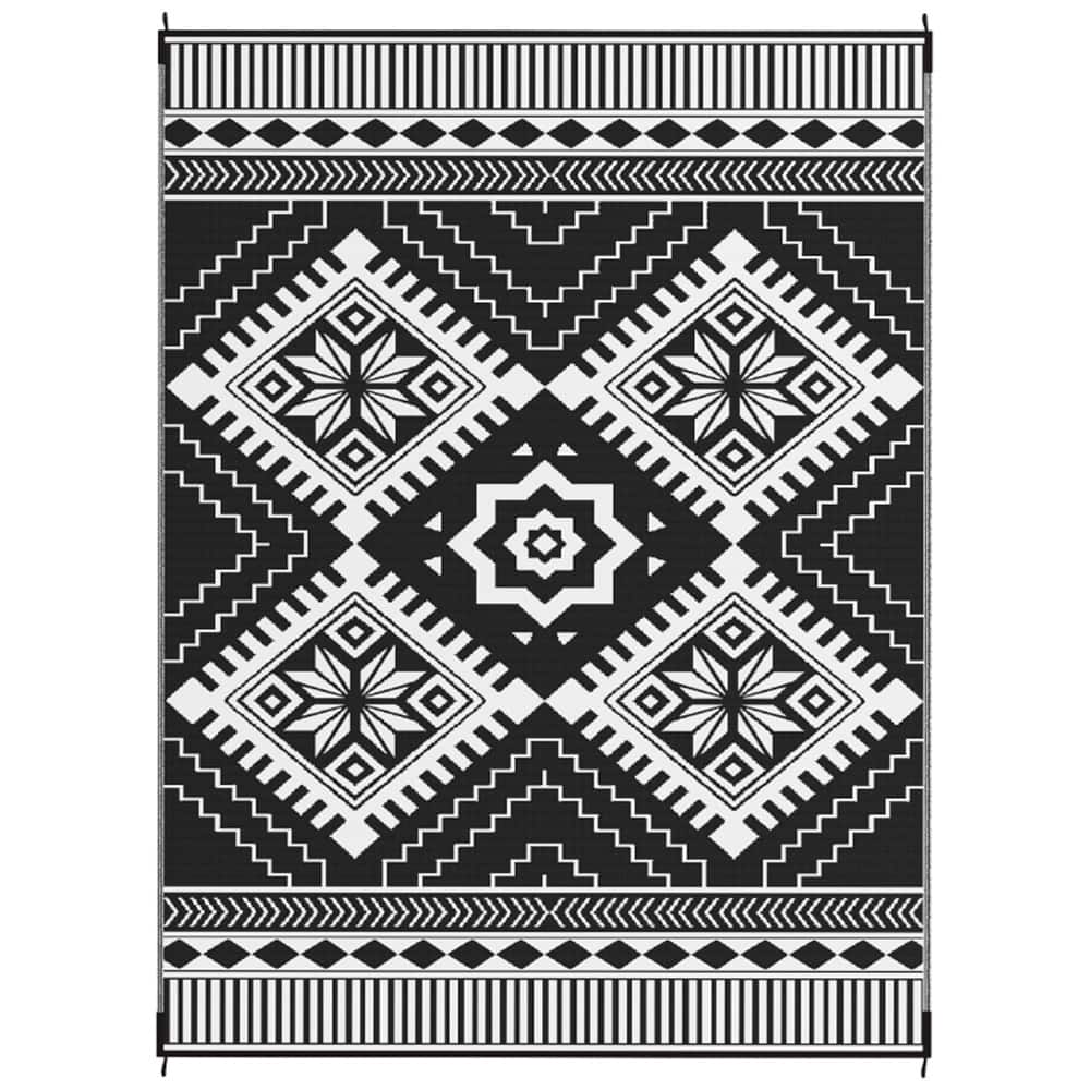 Reversible Outdoor Rug White & Black Toothed Rhombus Pattern, UV-Protected Foldable Polypropylene Mat - 143.7" L x 107.9" W