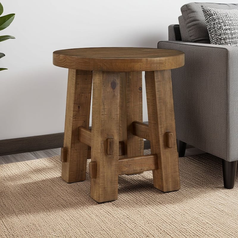 Ack Round Side End Table, Sturdy Block Legs, 24 Inch Brown Pine Solids