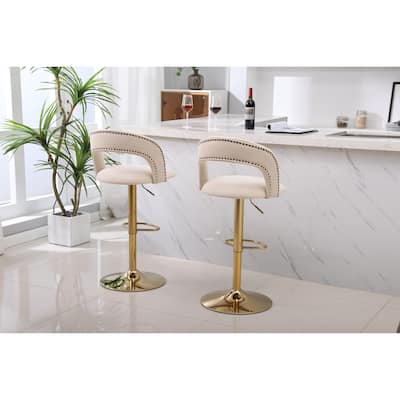Velvet Swivel Bar Stool W/ Back Adjustable Kitchen Island Chairs (Set of 2), Beige