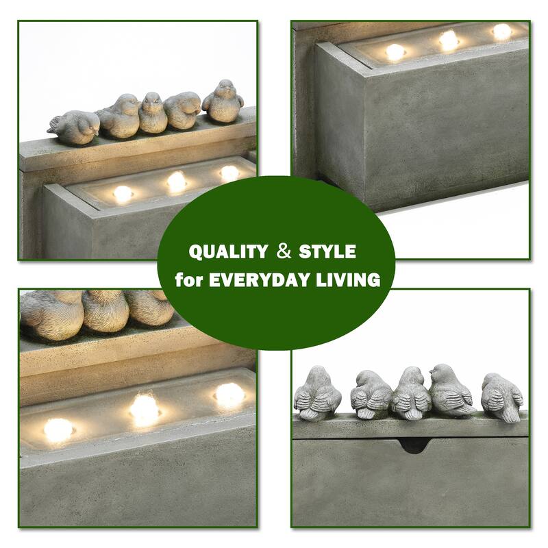 Gray Resin Rectangular Birds Outdoor Fountain with Lights