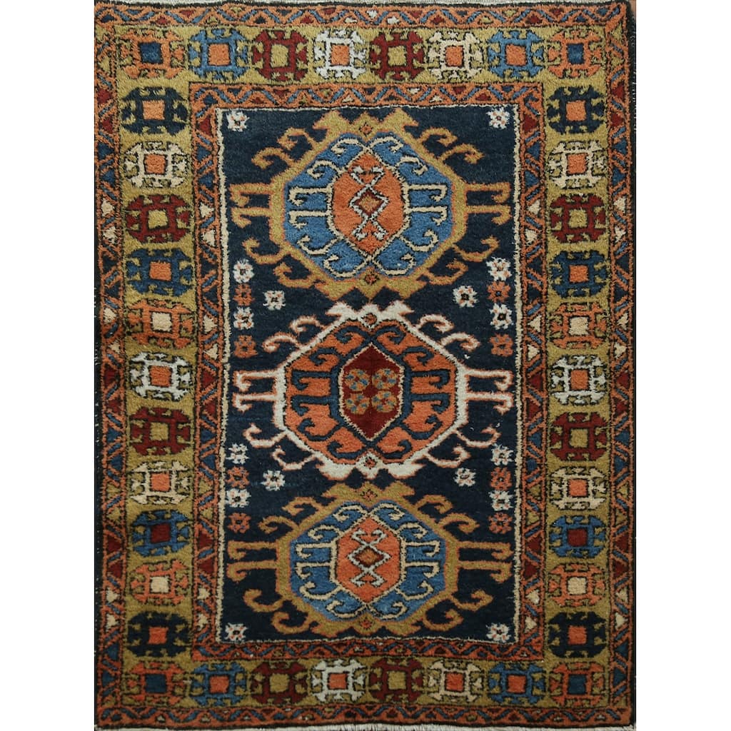 Hand Knotted Oriental 100% Wool Carpet Traditional Geometric Navy Blue & Blues Heriz Area Rug - 4' 9'' X 3' 8''