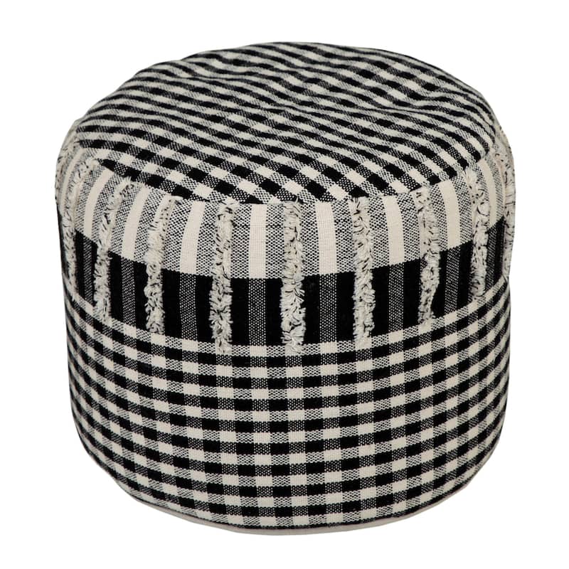 Multi-Purpose Checkered Pouf Ottoman 18” Cotton Upholstered Cylinder Versatile Seating or Footrest - Black-White