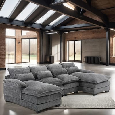 Modern Large Chenille Fabric U-Shape Living Room Sectional Sofa, Gray