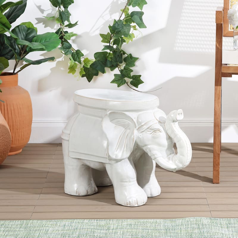 White Elephant 14.2" Ceramic Garden Stool, White by JONATHAN Y
