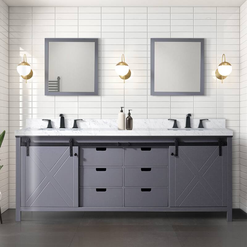 Marsyas 84 in W x 22 in D Dark Grey Double Bath Vanity, Carrara Marble Countertop, Faucet Set and 34 in Mirrors - Dark Grey