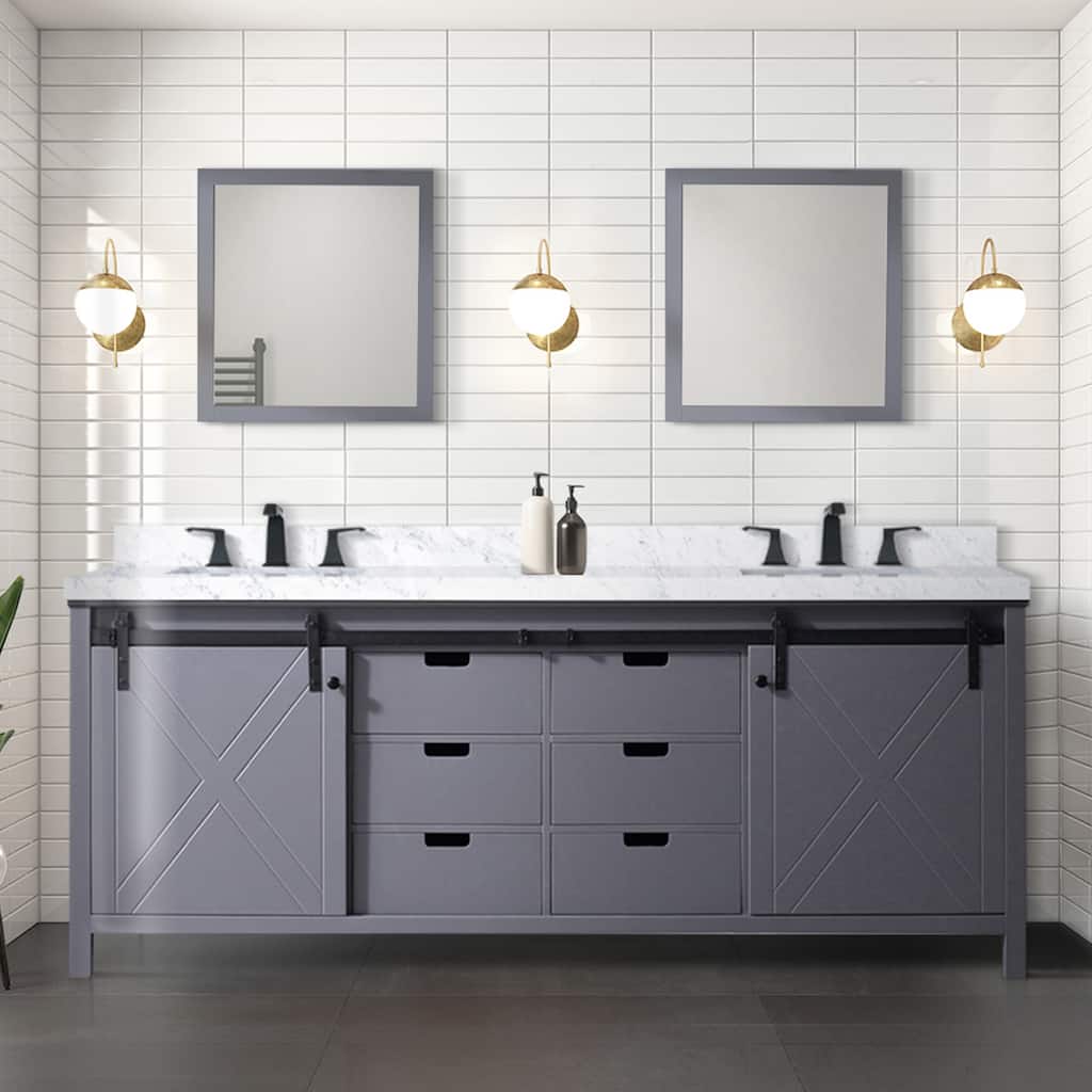 Marsyas 84 in W x 22 in D Dark Grey Double Bath Vanity, Carrara Marble Countertop, Faucet Set and 34 in Mirrors