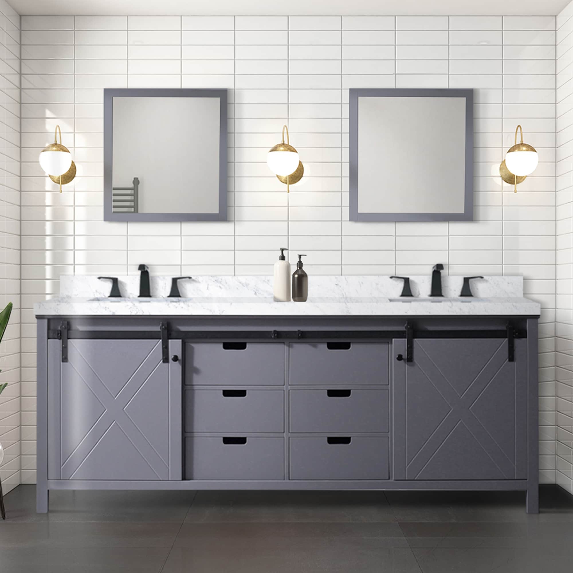 Marsyas 84 in W x 22 in D Dark Grey Double Bath Vanity, Carrara Marble Countertop, Faucet Set and 34 in Mirrors