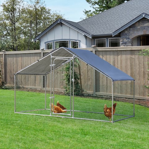 PawHut Galvanized Large Metal Chicken Coop Cage 1 Room Walk-in Enclosure Poultry Hen Run House UV & Water Resistant Cover