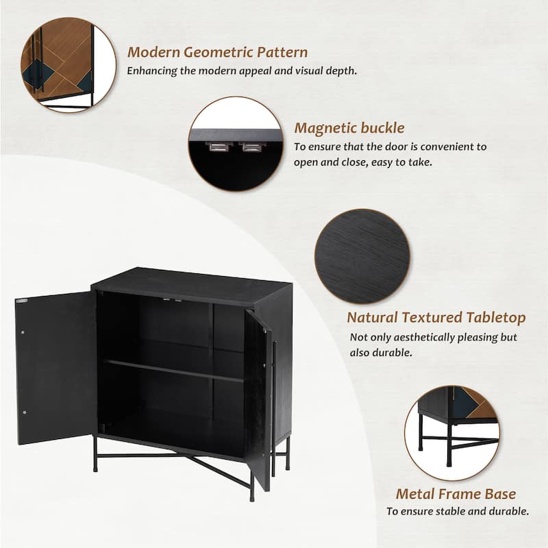 COZAYH Modern Storage Cabinet with Geometric Pattern, Wood Buffet Storage Cabinet with 2 Shelves and Metal Base