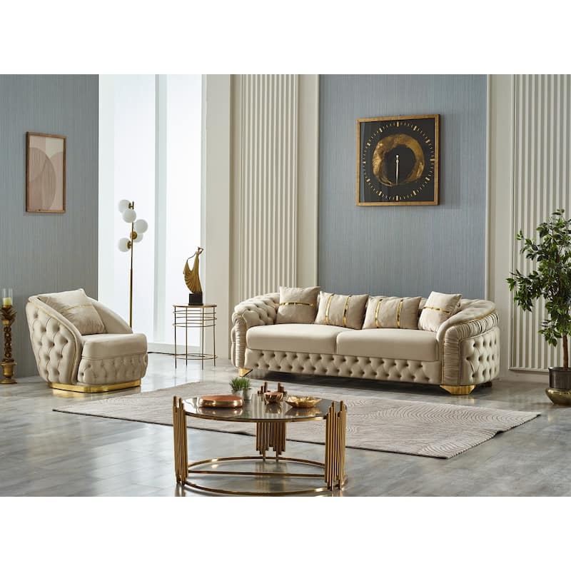 Aryanna 3-Pieces One Sofa Two Chair Living Room Set, Tufted Back - Beige
