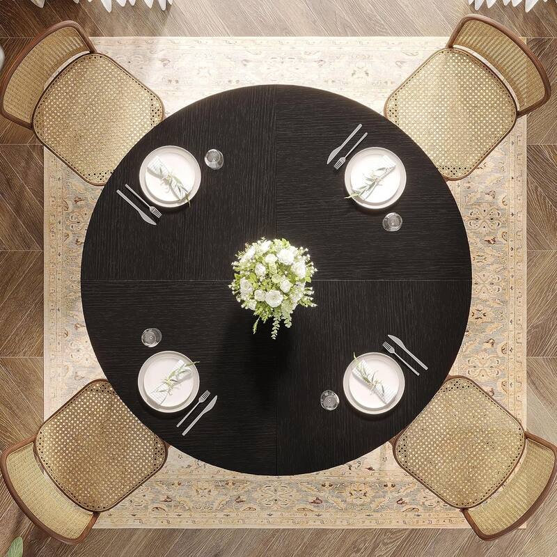 47-Inch Round Dining Table, Wood Kitchen Table with Sturdy Metal Base for 4-6 People